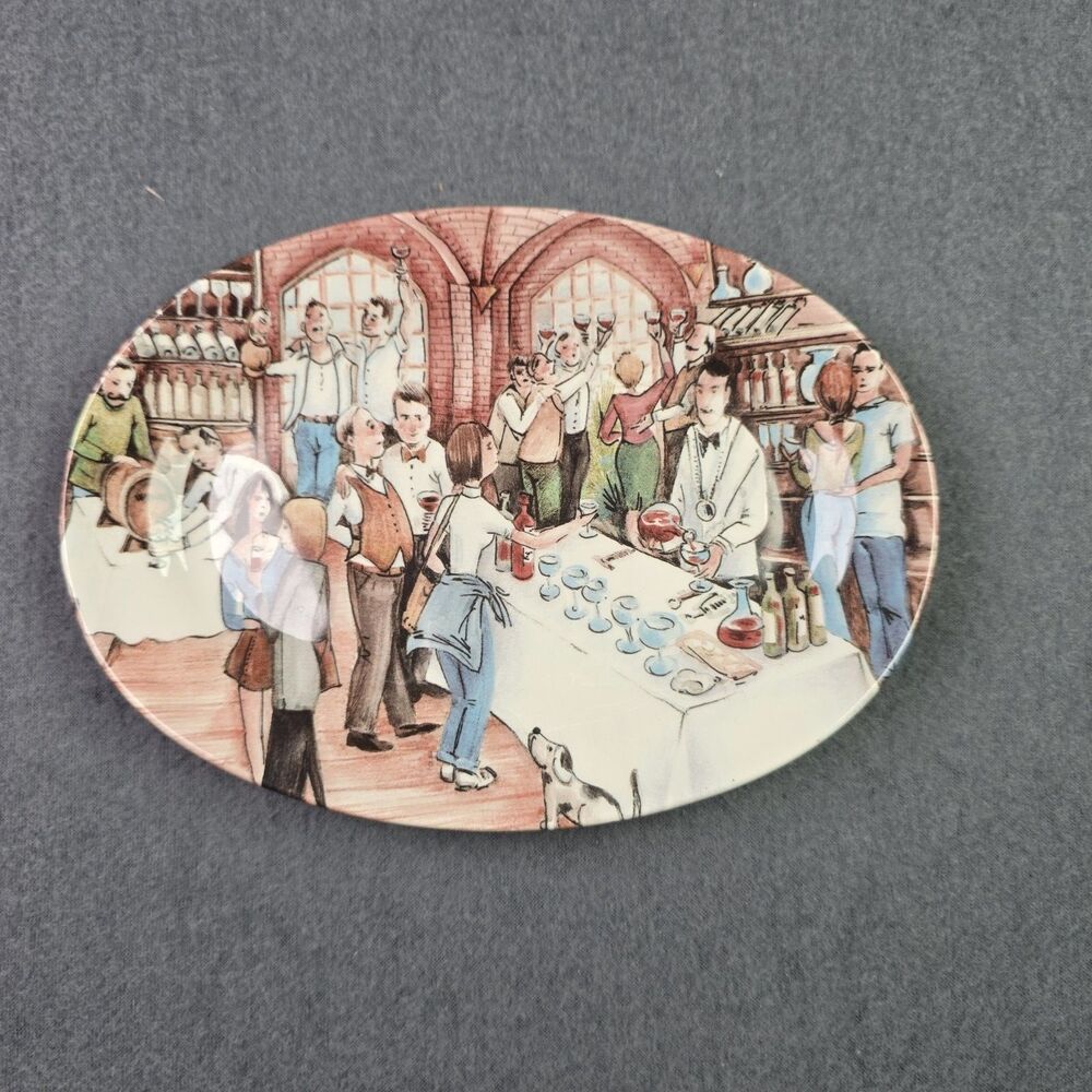 VTG Brunelli Italy Hand Painted Market Scene Oval Ceramic Serving Dish 8 Inch